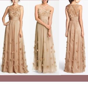 Floral appliqué chiffon gown in champagne